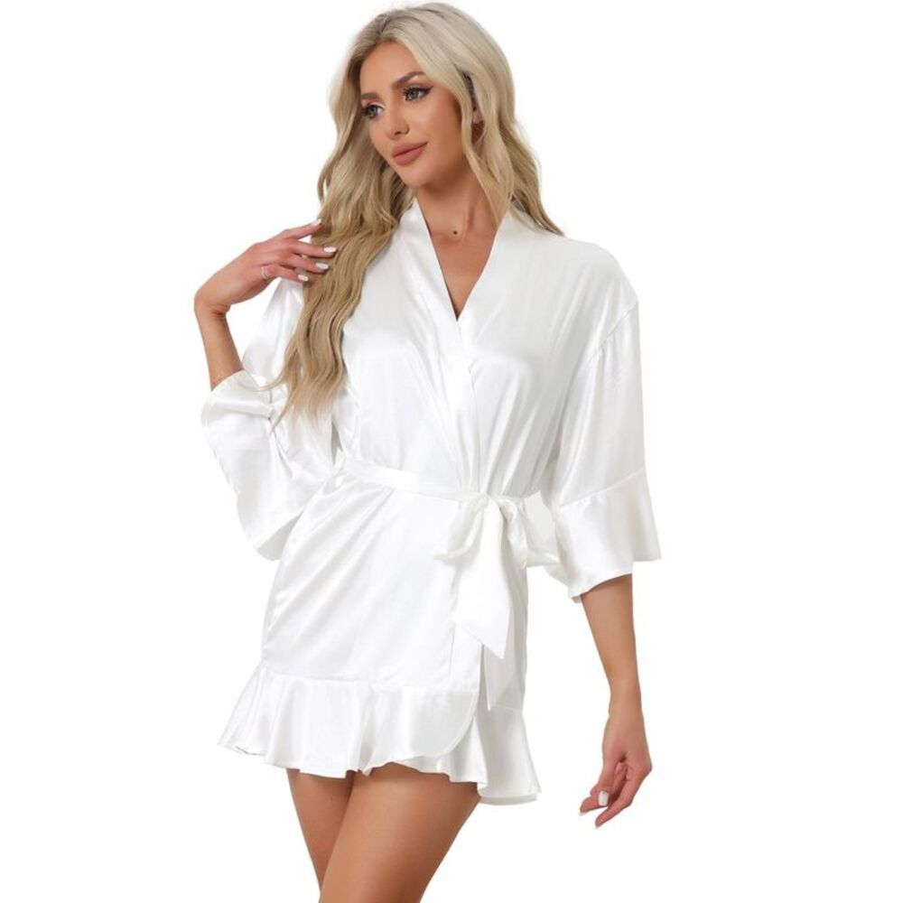 cheibear Women's Satin Bathrobes Silky 3/4 Sleeve Ruffle Robes White XL